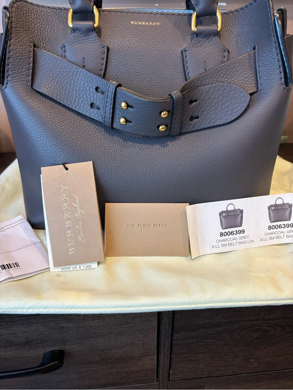 Burberry Belted Dark Gray Leather Satchel with Gold Hardware